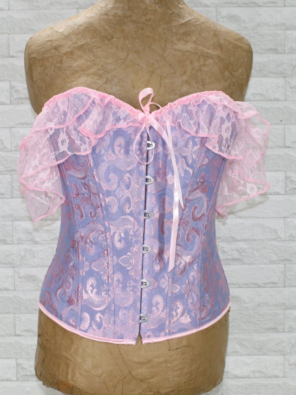 Corset Bustier Brocade Paisley Lace Off Shoulder Lace-up Pink Lavender Medium